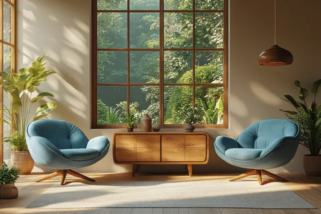 Two blue armchairs and a wooden sideboard sit in a minimalist living room beside a sunlit window.