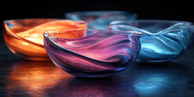 Transparent glass bowls with swirling violet and blue liquid, glowing backlight on dark tabletop