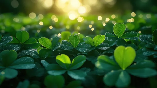 Shamrock clovers in spring meadow with dew droplets and soft golden bokeh light