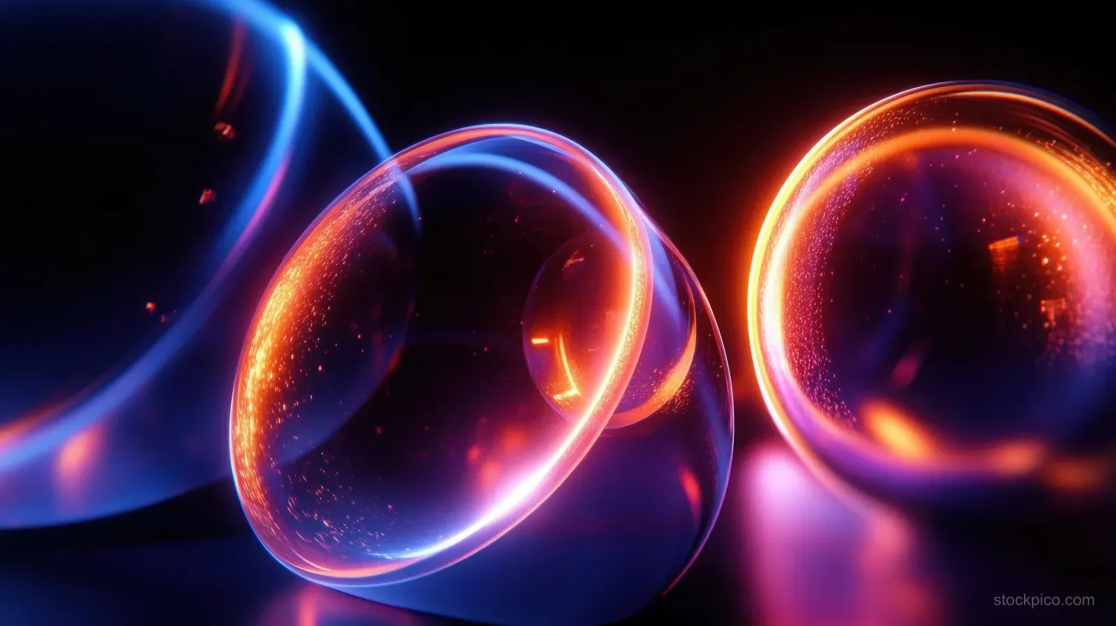 Three translucent glass spheres glow with blue, purple, and orange reflections on a dark background.