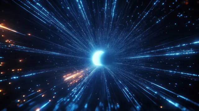 A glowing energy orb emits vibrant blue and orange rays in a dark cosmic space, creating a dynamic starburst effect.