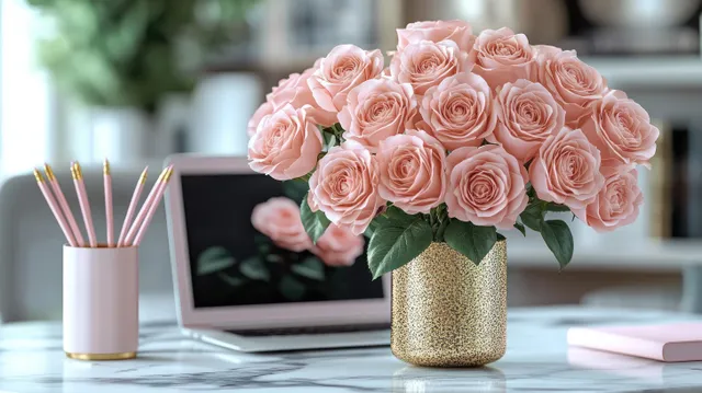 Pale pink rose bouquet in a gold vase on a marble desk next to a laptop and pink pencils.