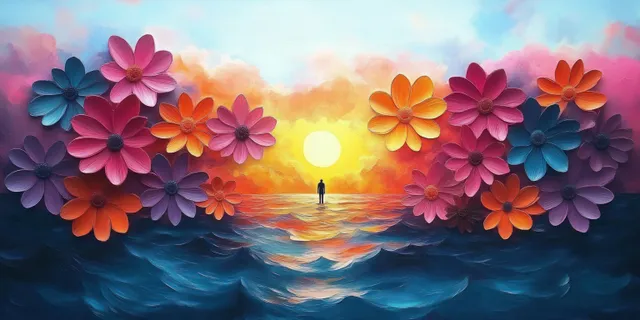 Silhouette figure standing at ocean horizon with vivid flowers framing a bright sunset sky