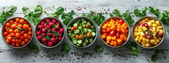 Six small bowls of colorful vegetables sit in a row on a rustic white wooden table with scattered herbs and pepper.