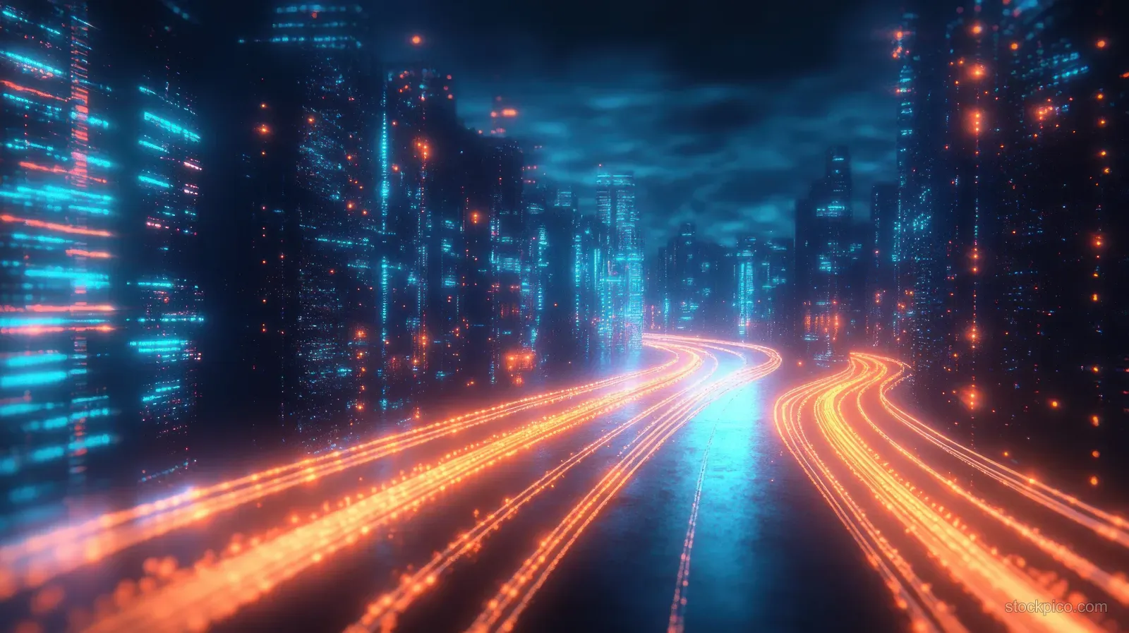 Neon highway curves through futuristic tech towers, with orange and blue light trails stretching into the night.