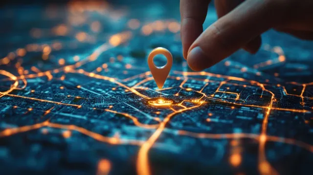 Hand tapping GPS navigation map with glowing route lines and a destination pin