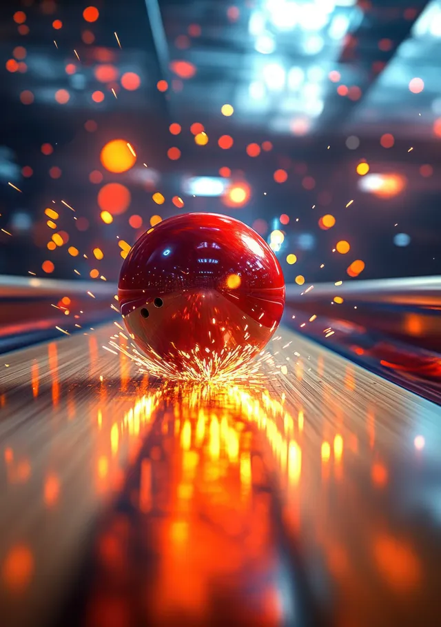 A shiny red bowling ball smashes pins with fiery sparks exploding on a glossy indoor lane under lights.