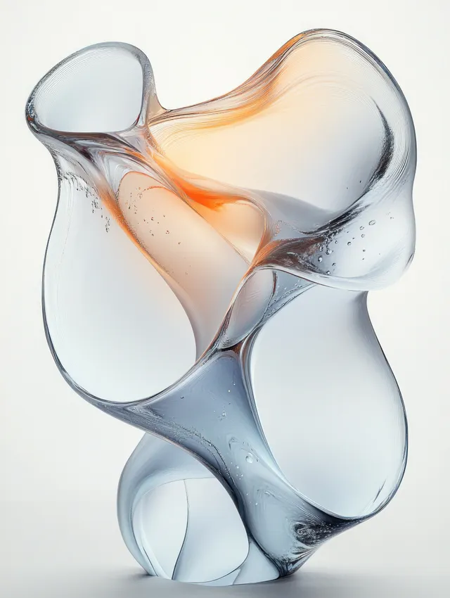 Clear intertwined water splashes forming a glossy abstract sculpture on a minimal pedestal against a light backdrop.