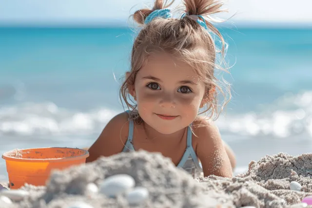 Smiling toddler playing with sand and an orange bucket near ocean waves on a sunny beach.