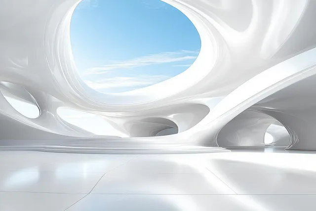 Empty futuristic white corridor with smooth curves, sculpted arches, and soft daylight from a circular opening.