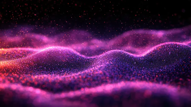 Abstract pink and purple glowing particle waves with sparkling light dust spread across a dark background.