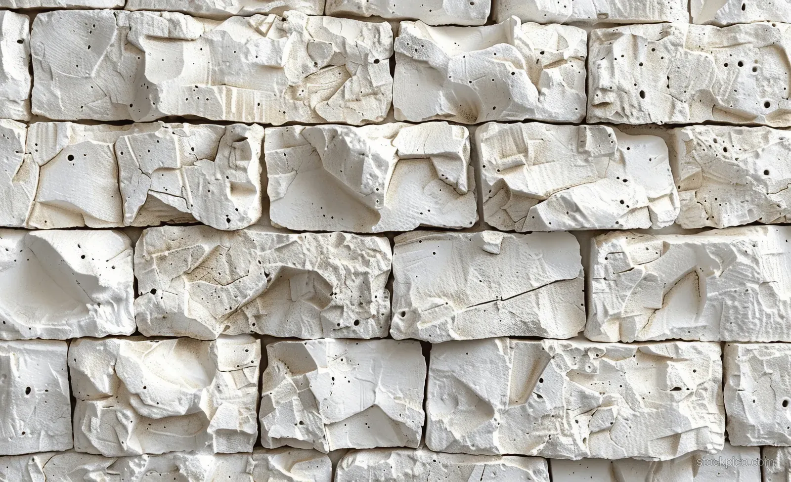 Cream white brick wall texture with rough mortar seams and chipped, weathered surface.
