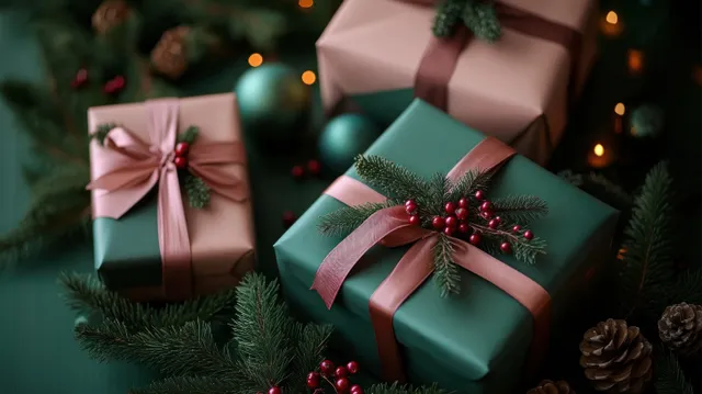 Christmas gift boxes wrapped in green and pink paper with ribbons, pine greenery, red berries, and pine cones.