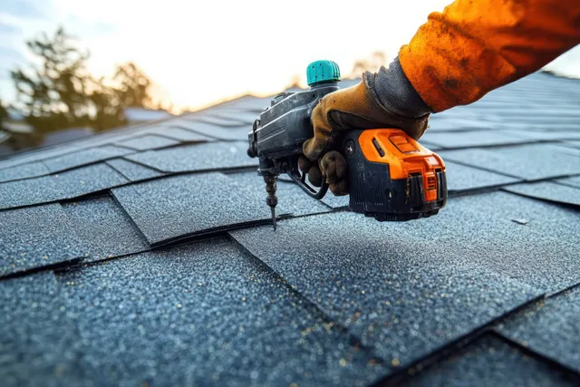 Gloved hand using a nail gun to fasten asphalt shingles on a rooftop at sunset.
