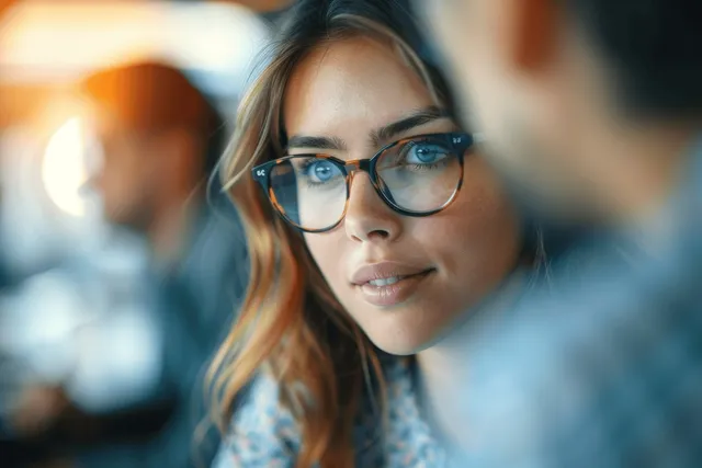 A businesswoman leads a team meeting at a conference table in a bright office with window light.