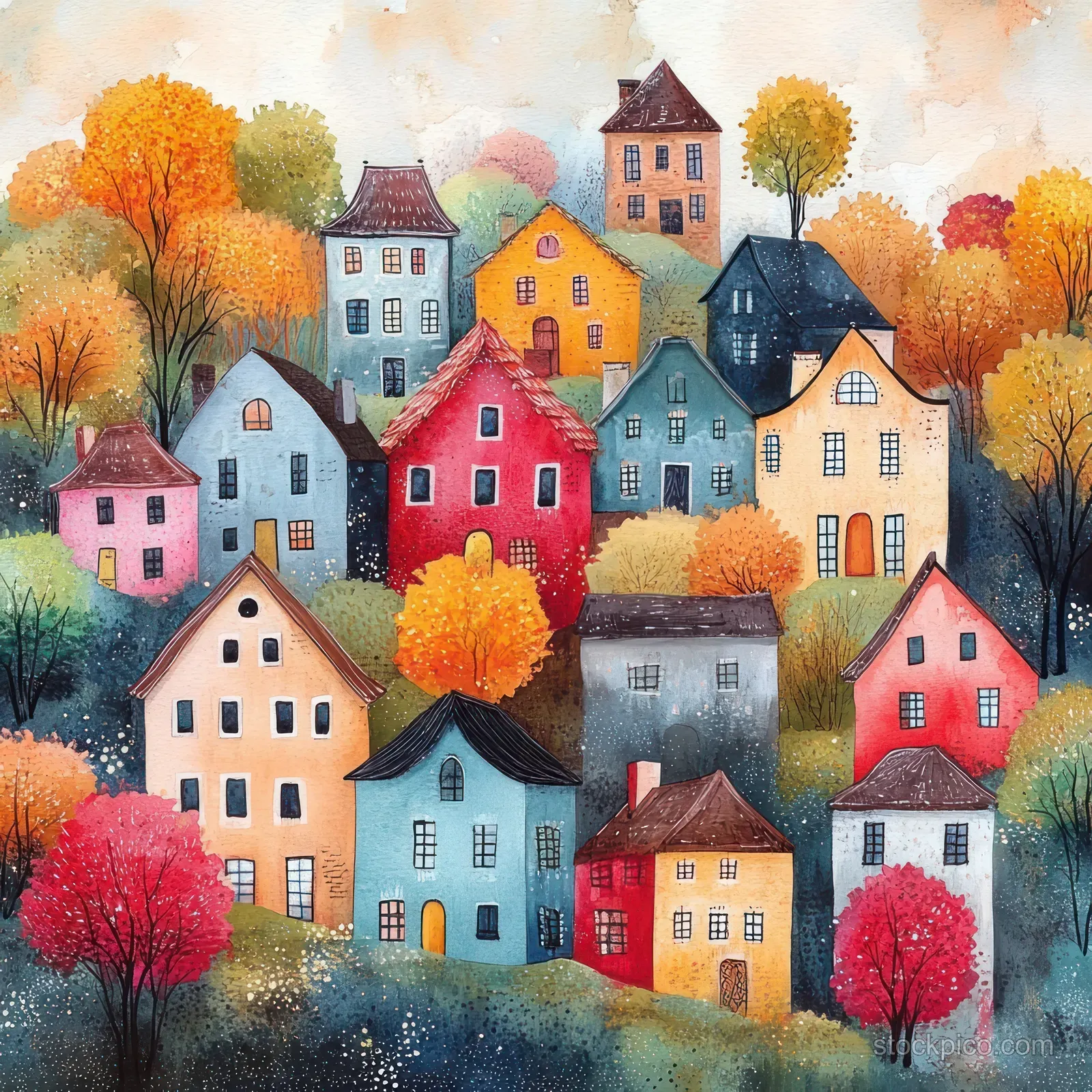 Watercolor illustration of colorful houses clustered in a village with autumn trees and textured paint strokes.