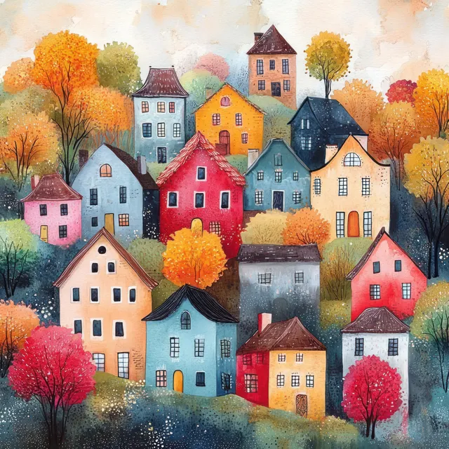 Watercolor illustration of colorful houses clustered in a village with autumn trees and textured paint strokes.