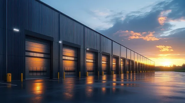Long industrial warehouse exterior with office windows glowing and sunset sky reflecting on wet ground.