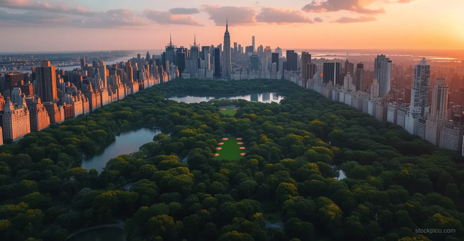 Sunset aerial view of Central Park’s treetops bordered by Manhattan skyscrapers along a curved skyline.