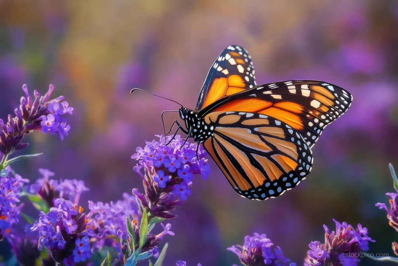 A monarch butterfly feeds on purple aster blossoms while the garden background fades into soft bokeh.