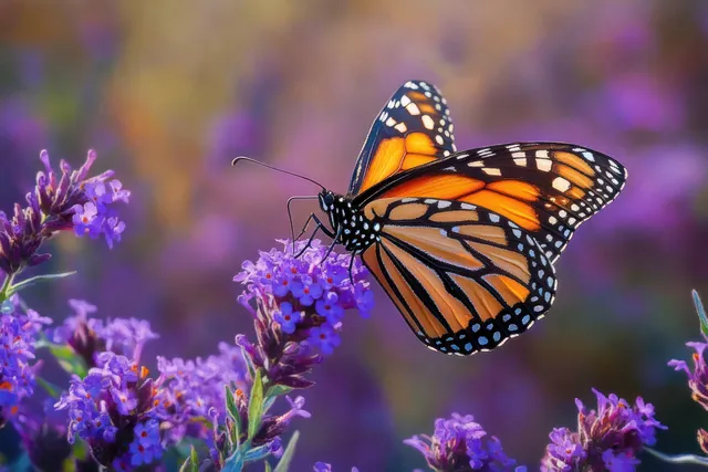 A monarch butterfly feeds on purple aster blossoms while the garden background fades into soft bokeh.