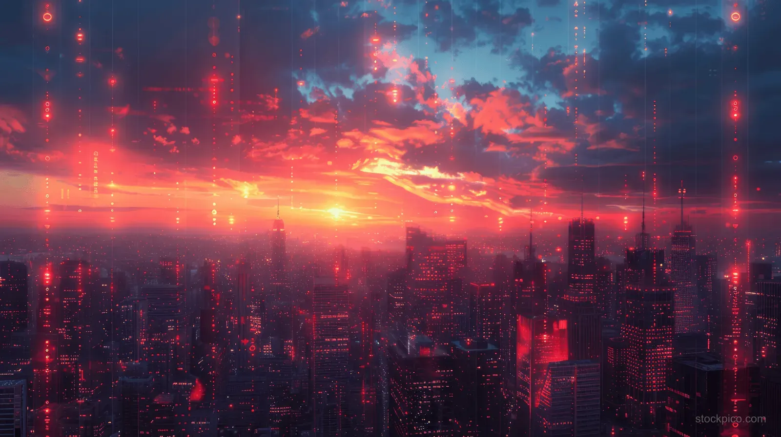 Sunset over a dense city skyline with a glowing candlestick chart and data overlays.