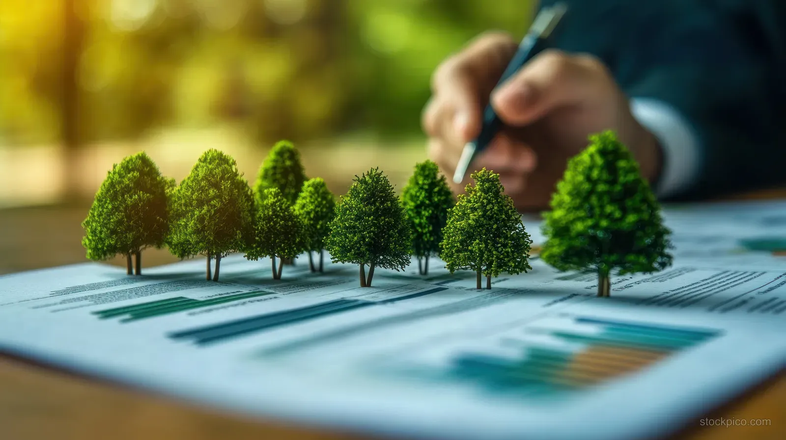 Hand arranging miniature trees on an ESG report with charts.