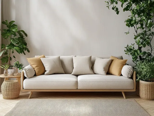 Light gray Scandinavian sofa with neutral cushions sits beside indoor plants under warm ambient light in a bright living room.