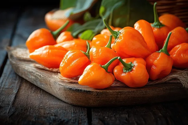 Fresh orange chili peppers piled in a weathered wooden bowl with soft sunlight and leafy greens behind them.