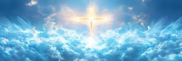A glowing golden cross shines in a clouded blue sky with two translucent angels hovering nearby.