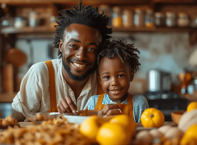 An African American father and young boy smile in a home kitchen with breakfast ingredients on the counter.