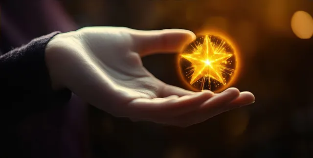 A hand holds a glowing golden star orb emitting sparks against a dark blurred background.