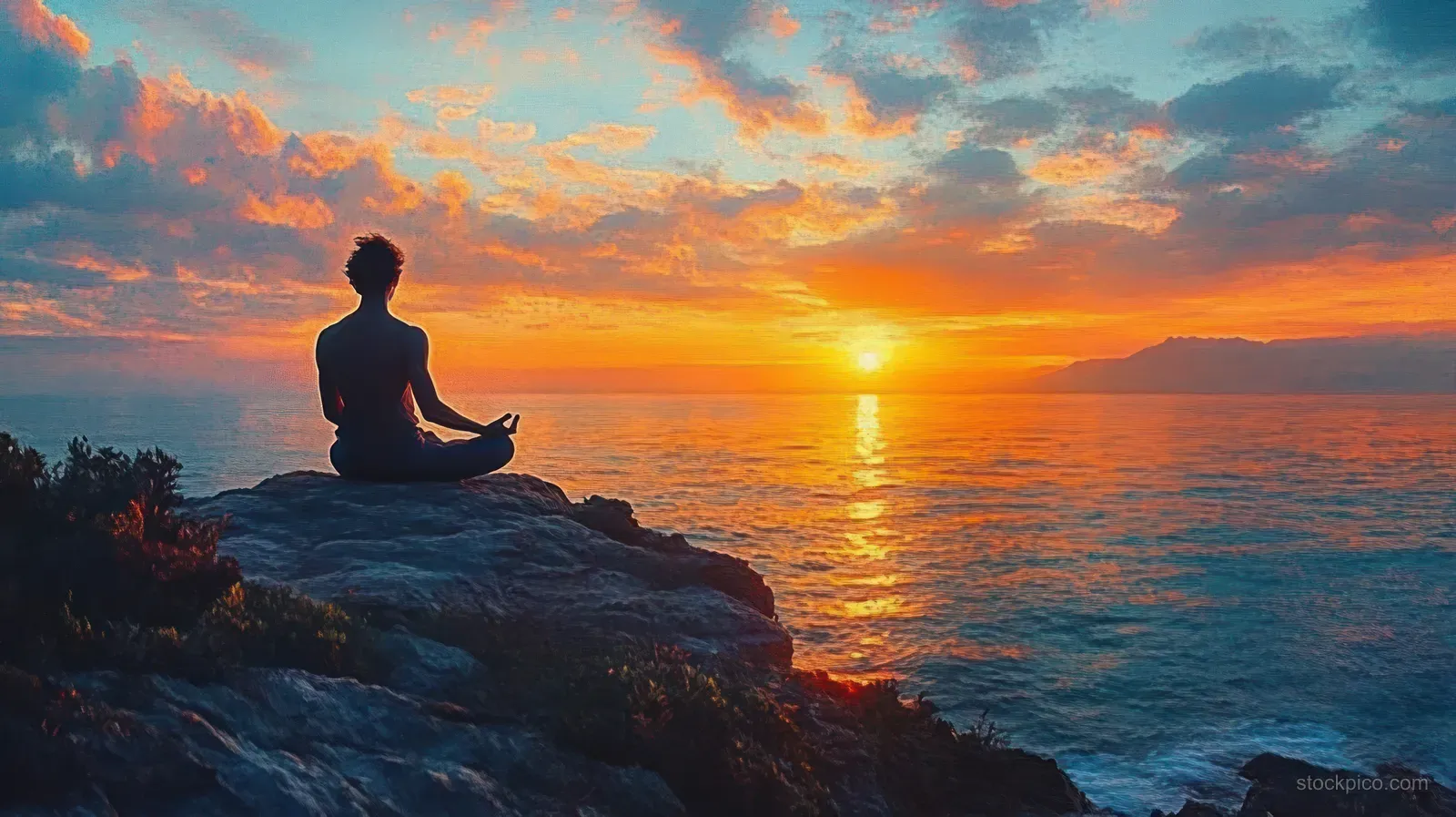 Silhouette of a person meditating on a rocky cliff overlooking calm ocean waves during a vibrant sunset.