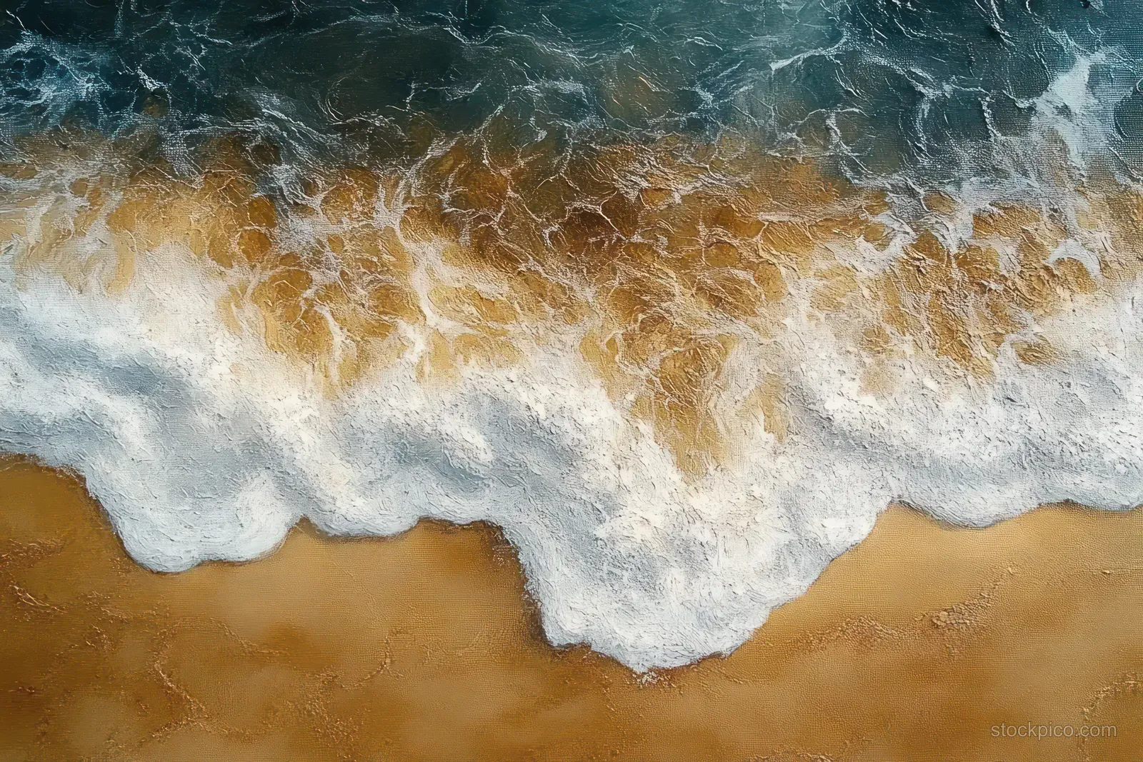 Aerial view shows ocean waves crashing onto a sandy beach, forming frothy white surf over deep blue water.