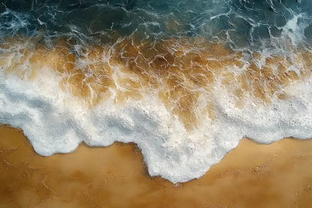 Aerial ocean waves crash onto sandy beach, creating frothy white surf and deep blue patterns
