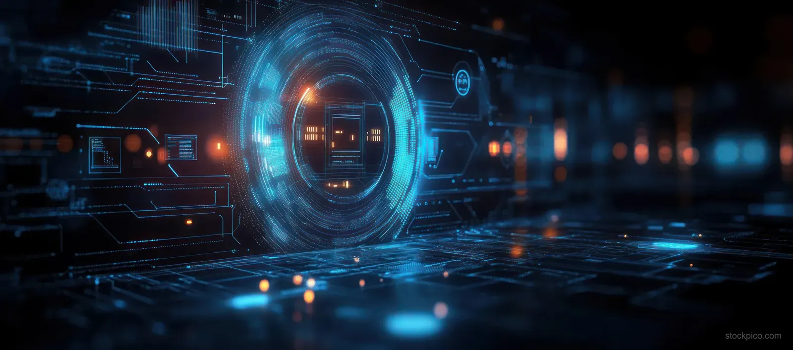 A glowing holographic interface floats over a dark blue digital circuit background.