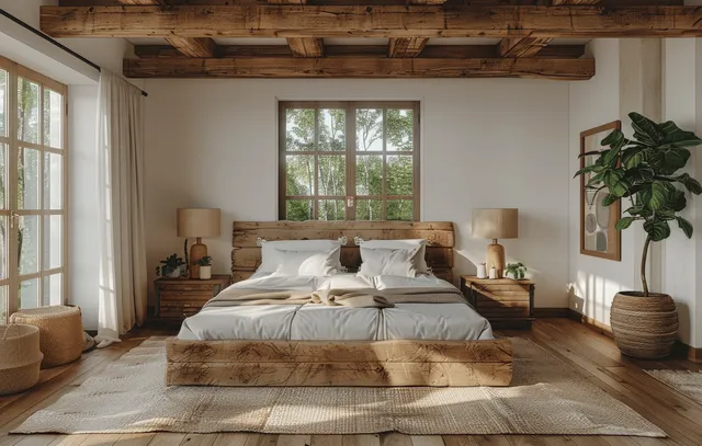 A minimalist wooden bed sits in a rustic modern bedroom with white walls, wooden beam ceiling, and a large window.