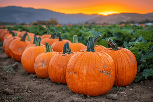 Rows of orange pumpkins in a farm field at sunset with people and festival atmosphere in the distance.