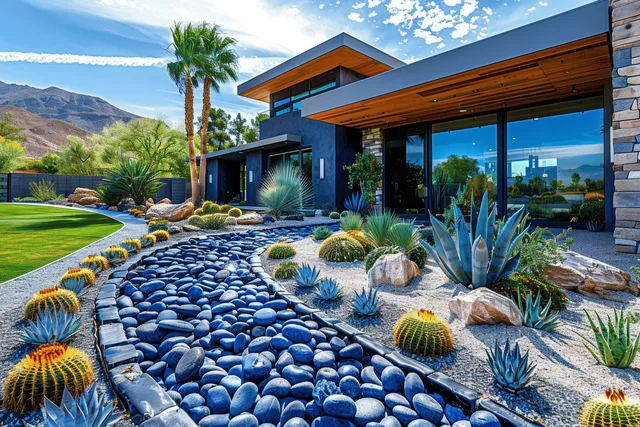 Blue-black pebble pathway curves beside a modern desert home with cacti, river rock borders, and a glass patio.