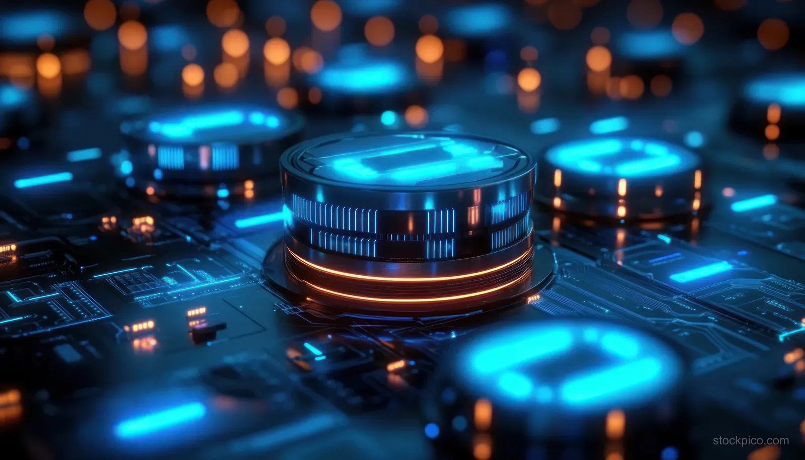 A glowing database server cylinder on a blue circuit board with blurred data indicators around it.
