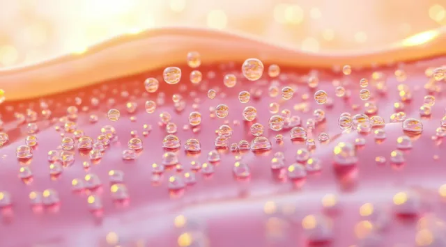Hyperreal bubble-textured skincare serum surface in warm soft light, macro detail