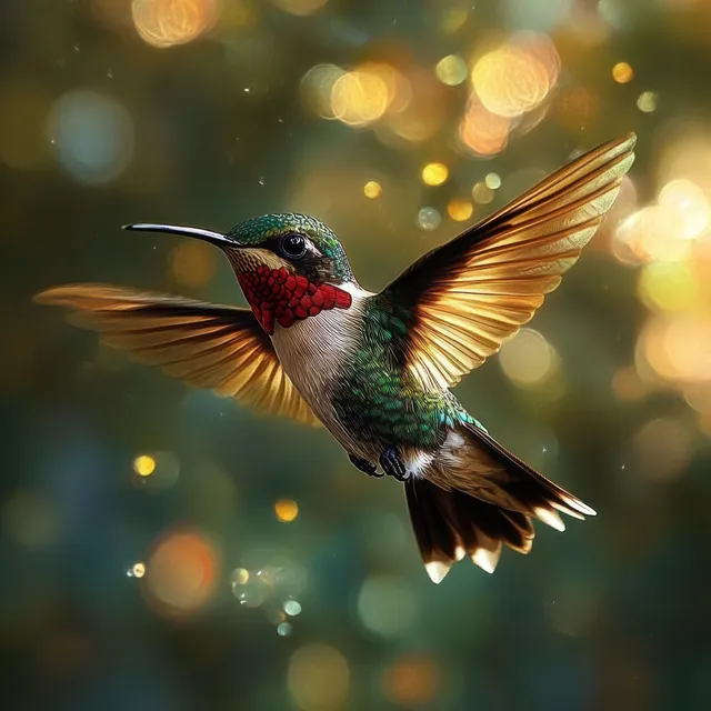 Vibrant hummingbird hovering mid-flight, wings spread wide against glowing golden bokeh