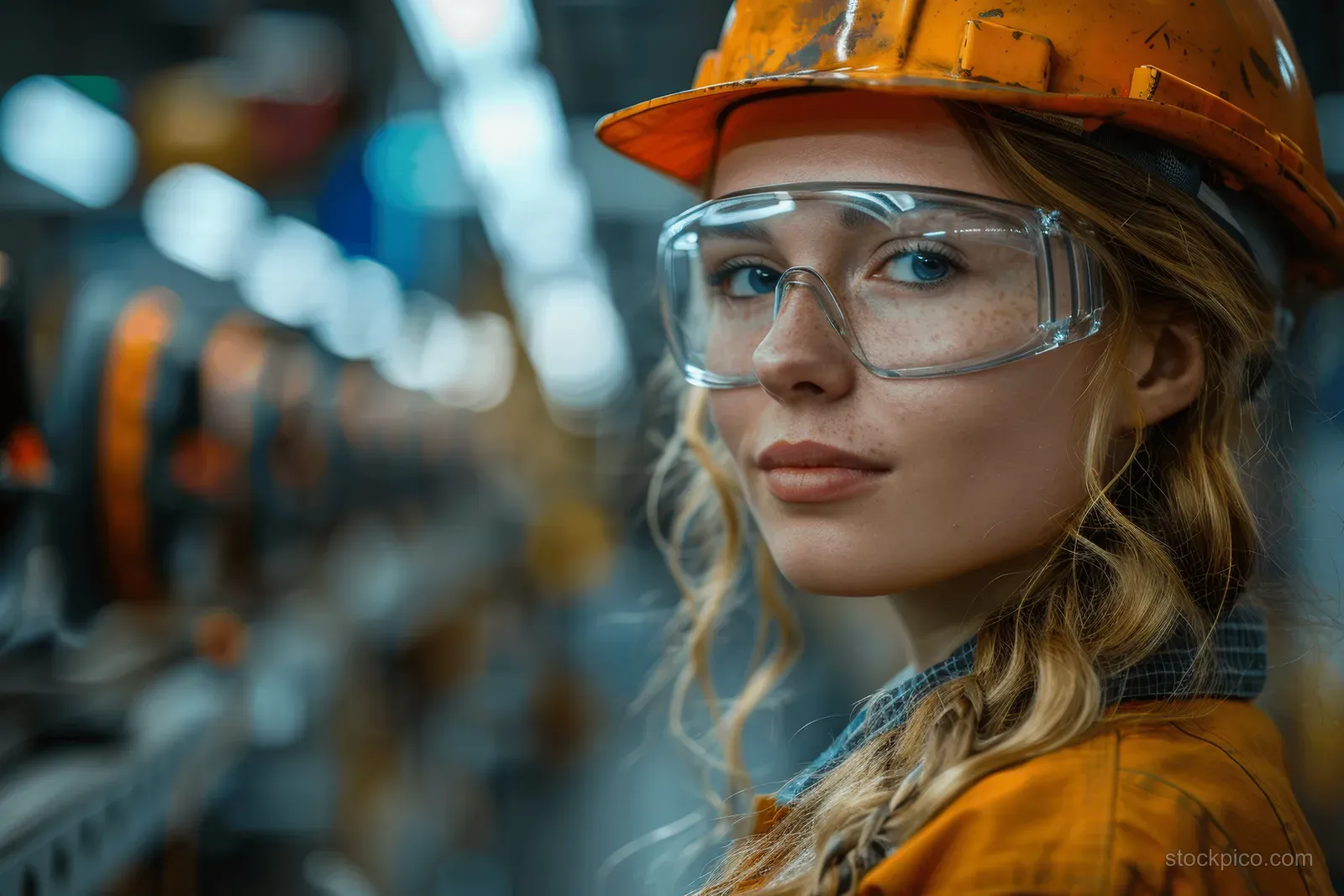 A woman wearing a hard hat and safety glasses inspects car door parts in a high-tech automotive factory.