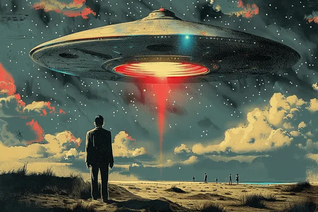 Silhouetted man in a suit watches a hovering UFO projecting a glowing beam over a beach at night.