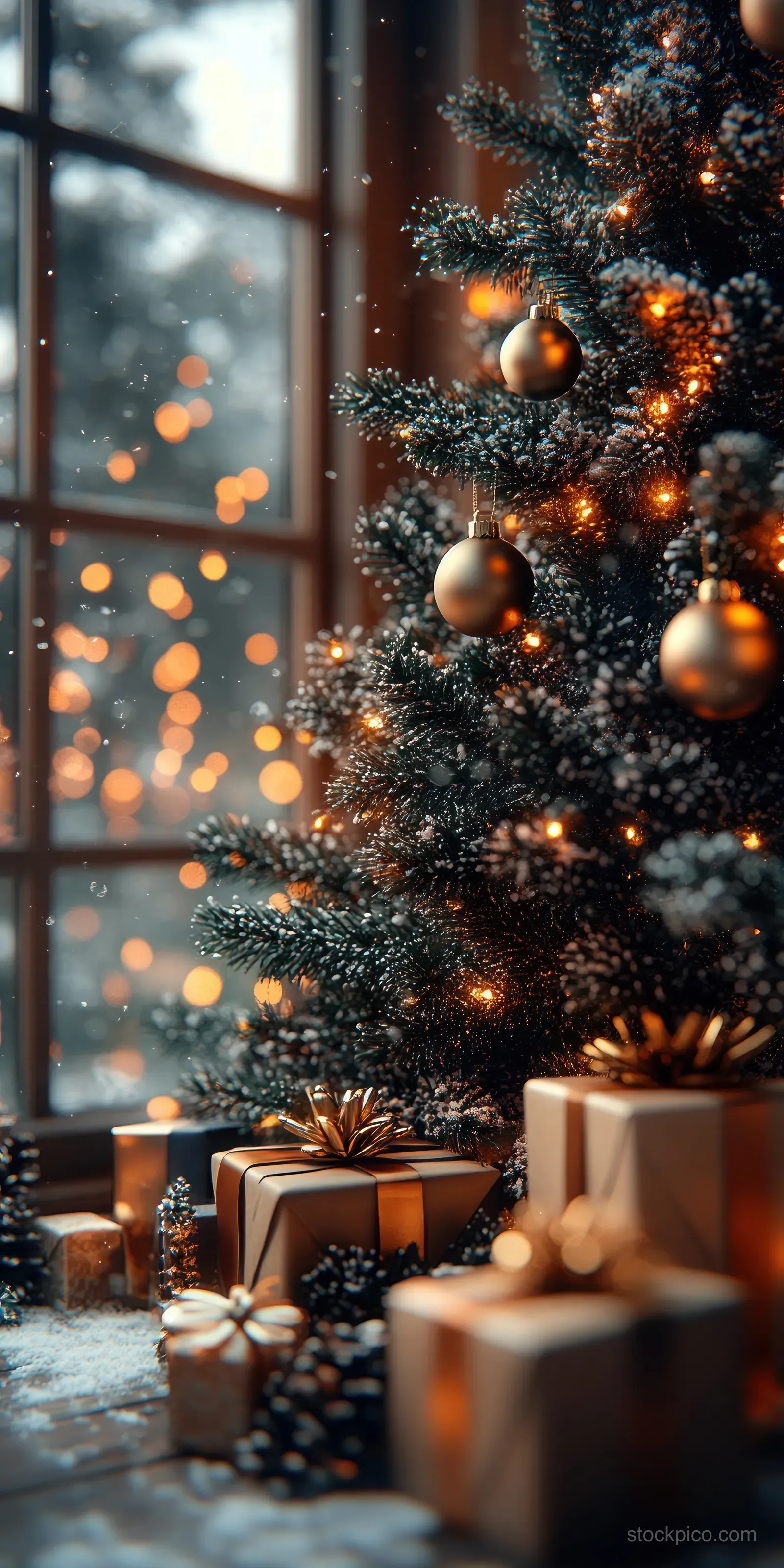 Snowy Christmas tree with glowing fairy lights and wrapped gifts in front of a window.
