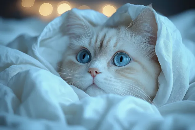 White cat nestled in blue blanket, gazing with wide bright blue eyes