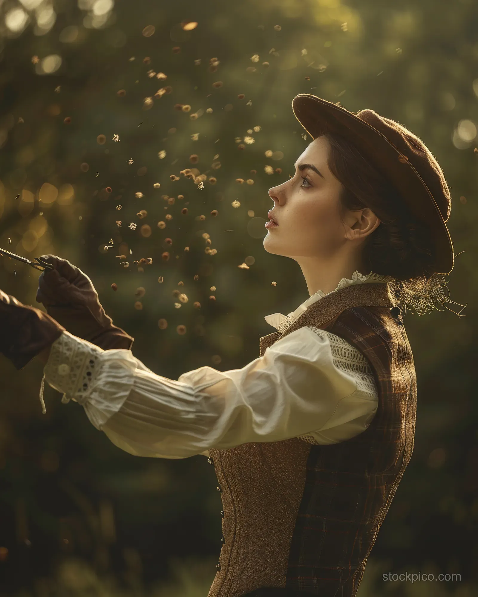 A woman aiming a shotgun at a flying clay target outdoors under warm golden backlight.