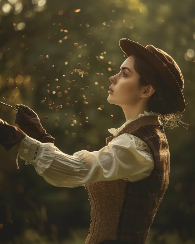 A woman aiming a shotgun at a flying clay target outdoors under warm golden backlight.