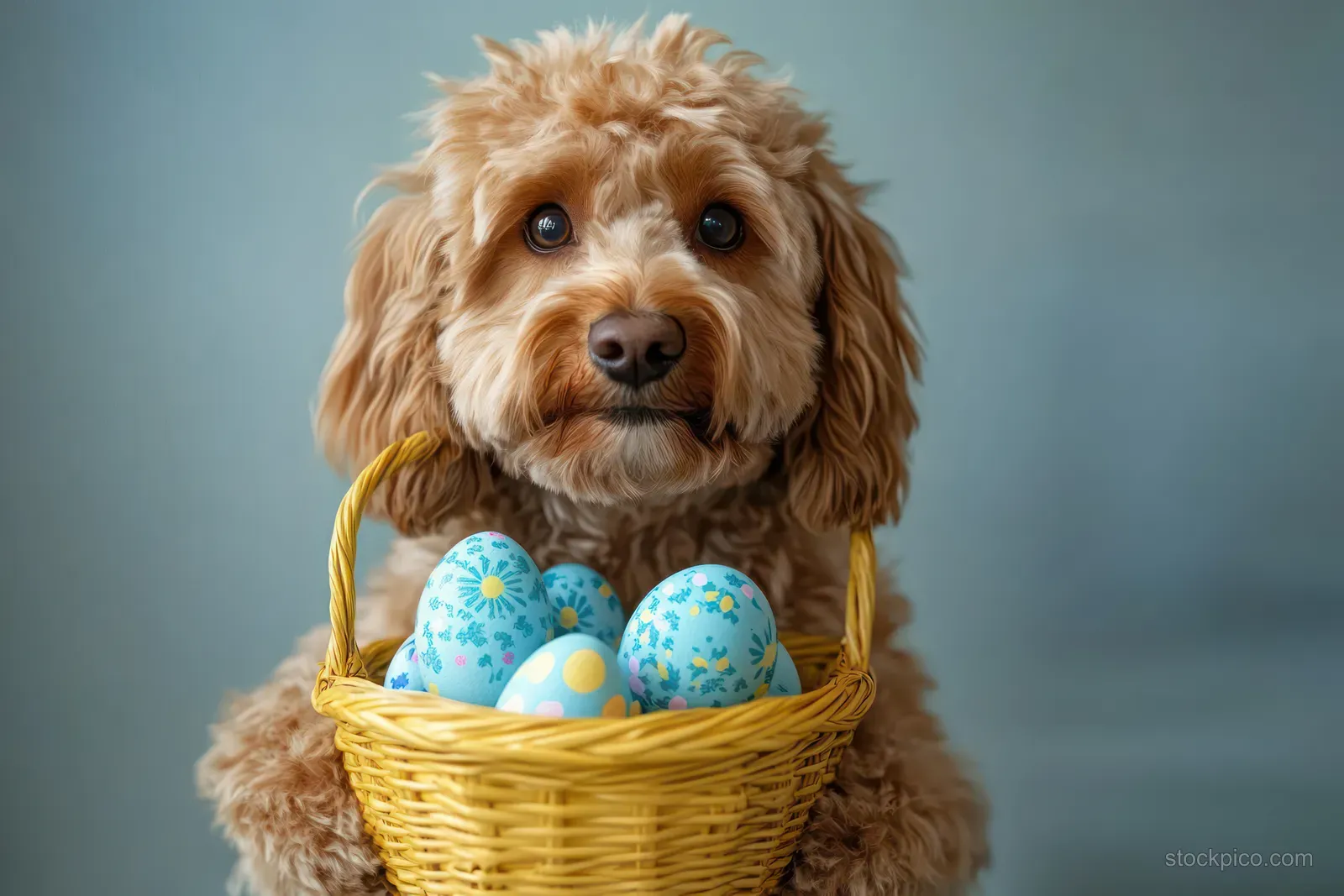 Curly fluffy dog holding a yellow wicker basket packed with decorated Easter eggs indoors.