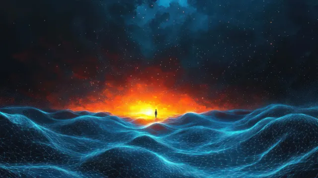 Silhouette of a person standing on glowing blue digital waves under a starry sky with an orange sunrise horizon.